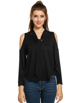 

Black Solid Long Sleeve Bow Tie Cold Shoulder Top, Multicolor