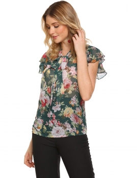 

Green Tie-Bow Neck Ruffles Sleeve Floral Print Chiffon Blouse, Multicolor