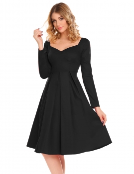 

Black Vintage Sweetheart Neck Long Sleeve High Waist Calf Length Bow Pleated Swing Casual Dress, Multicolor