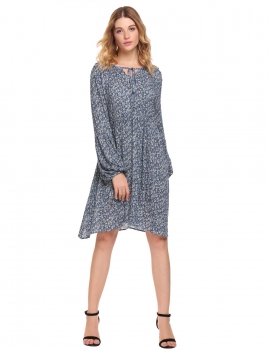 

Blue Women Casual V-Neck Lantern Sleeve Lace Up Cuffs Prints Pullover Dress, Multicolor