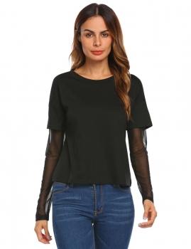 

Black Women O-Neck Mesh Patchwork Long Sleeve Casual Loose T-Shirt Tops, Multicolor