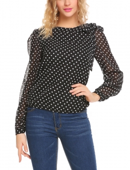 

Black Women Casual Round Neck Long Sleeve Dot Chiffon Top Blouse, Multicolor