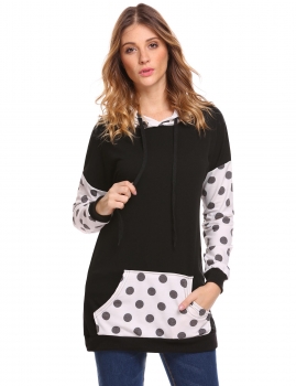 

Black Women Hooded Sweatshirts Long Sleeve Dot Patchwork Casual Pullover Hoodies, Multicolor