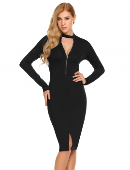 

Black Women Casual V-Neck Long Sleeve Solid Zipper Package Hip Bodycon Hem Split Sexy Dress, Multicolor