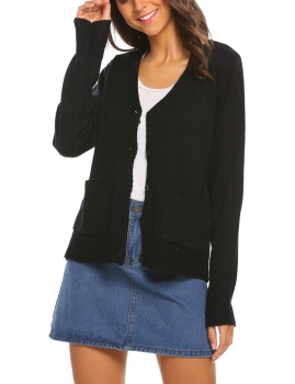 

Black Women V-Neck Long Sleeve Button Down Knit Cardigan with Pocket, Multicolor