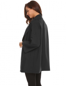 

Black Women Lapel Roll Up Sleeve Open Front Button Décor Loose Casual Trench Coat, Multicolor