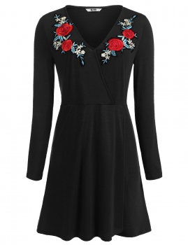 

Black Women Wrap Front V-Neck Long Sleeve Floral Embroidered Applique Casual Short Dress, Multicolor