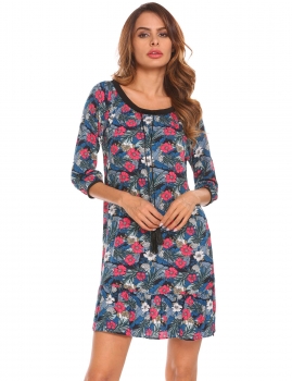 

Blue Round Neck Tie Print Ethnic Vintage Style Casual Dress, Multicolor