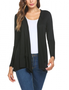 

Black Women Casual Hooded Long Sleeve Solid Front Open Asymmetrical Ruffle Loose Cardigan, Multicolor