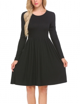 

Black Women Casual O-Neck Long Sleeve A-Line Pleated Solid Sexy Knitted Dress, Multicolor