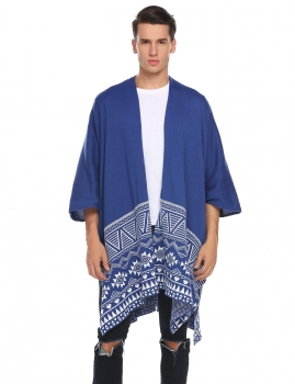 

Blue Men Winter Hip Hop Open Front Geometric Split Thin Knit Long Poncho Cape Cardigan, Multicolor