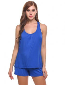 

Blue Soft Solid Racerback Tank Top and Shorts Pajama Set, Multicolor