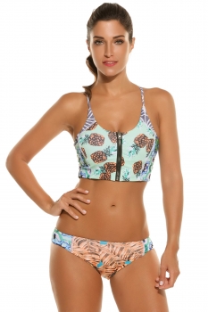 

Women Sexy Halter Padded Print Back Lace-up Split Bikini Set Swimwear, Multicolor