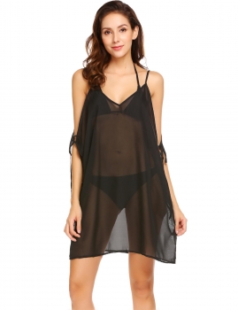 

Black Women Spaghetti Strap Cold Shoulder Sheer Chiffon Loose Bikini Cover Up, Multicolor
