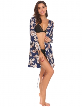 

Navy blue Women Wrap Front V-Neck Long Sleeve Belted Floral A-Line Beach Cover-up coats, Multicolor