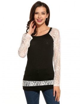 

Chiffon Lace Patchwork Long Sleeve Pullover Loose Top, Multicolor