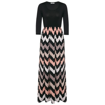 

Black 3"4 Sleeve Casual Contrast Color Striped Casual Dress, Multicolor