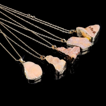 

New Women Fashion Chain Natural Stone Crystal Geometric Shape Pendant Necklace, Orange
