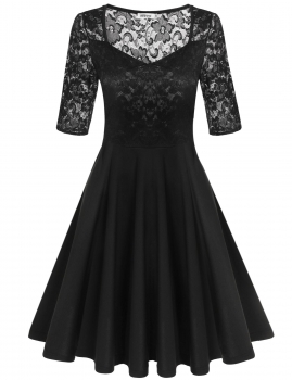 

Black Pleated V-neck Lace Patchwork Hollow Swing Party Dress, Multicolor