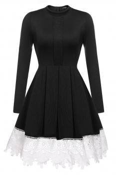 

Stand Neck Long Sleeve Lace Trim Pleated Skater Party Dress, Multicolor