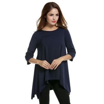 

Blue Women 3"4 Sleeve Tops Asymmetric Hem Solid Loose Casual Blouse, Multicolor