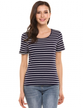 

Blue and White Slim Stripe Round Neck Short Sleeve T-Shirts, Multicolor