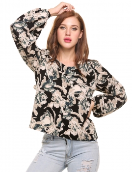 

Black Loose Floral Print Long Lantern Sleeve Crew Neck Blouse, Multicolor