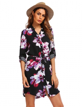 

Black Floral Long Sleeve Turn Down Collar Shirt Dress with Belt, Multicolor