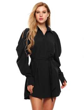 

Black Cold Shoulder Turn Down Collar Loose Shift Dress, Multicolor