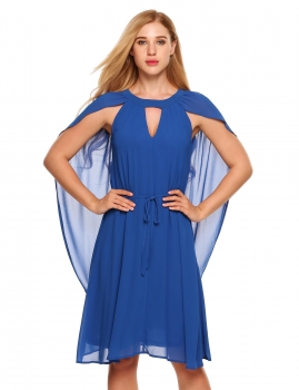

Blue Sleeveless Chiffon Cloak Keyhole Loose Solid Dress, Multicolor
