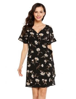 

Black Short Ruffle Sleeve V-neck Floral Short A-line Dress, Multicolor