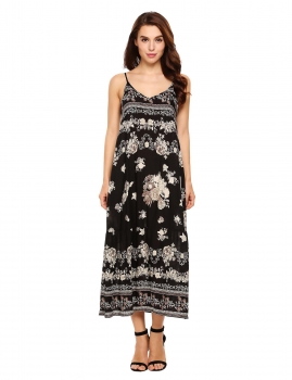 

Black Spaghetti Strap Boho Style Floral Maxi Dress, Multicolor