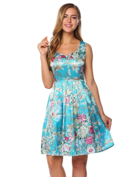 

Blue Sleeveless V-neck Swing Hem Floral Belted Dress, Multicolor
