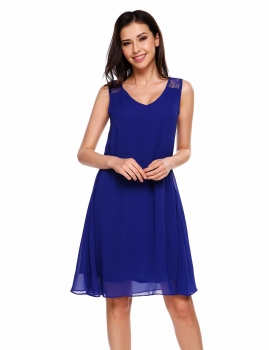 

Blue Sleeveless Patchwork Beach Knee Length Loose Chiffon Dress, Multicolor