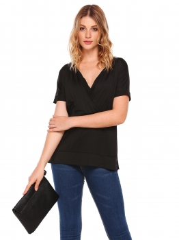 

Black Short Sleeve Surplice Neck Casual Tops, Multicolor