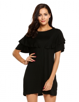 

Black Short Sleeve Ruffles O-Neck Loose Shift Dress, Multicolor