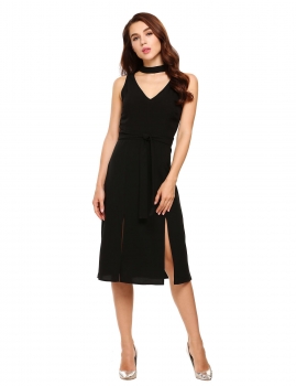 

Black Choker Neck Split Hem Belted Sheath Dress, Multicolor