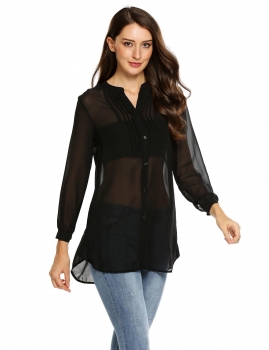 

Black Split V-neck Long Sleeve Chiffon Illusion Button Down Shirts, Multicolor