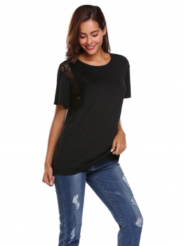 

Black Solid Lace Patchwork Short Sleeve Leisure T-Shirts, Multicolor