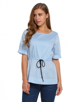 

Blue Solid Ruffled Sleeve Drawstring Waist O-Neck Tops, Multicolor