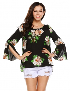 

Black Flare Long Sleeve Key Hole Asymmetric Loose Floral T-shirt, Multicolor