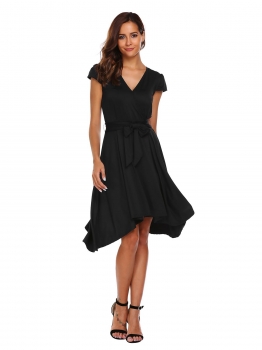 

Black Cap Sleeve V-neck Asymmetric Dress with Belt, Multicolor