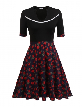 

Red Surplice Neck Floral Swing Hem Dress, Multicolor