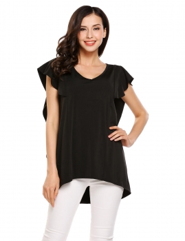 

Black Ruffles Sleeve V-neck Asymmetric Loose Solid T-shirt, Multicolor
