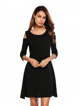

Black 3"4 Sleeve Cold Shoulder Solid A-line Dress, Multicolor