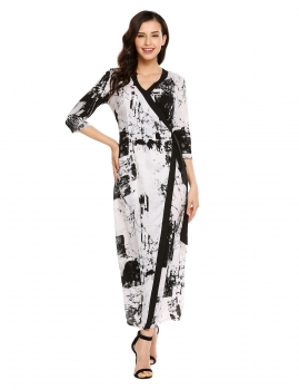 

Black Vintage Style V-neck 3"4 Sleeve Wrap Maxi Dress, Multicolor