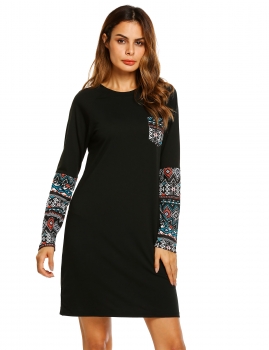 

Black Long Sleeve Geometric Patchwork Loose Shift Dress, Multicolor