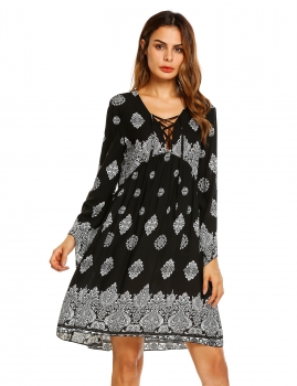 

Black Lace Up Flare Sleeve Boho Style Loose Dress, Multicolor