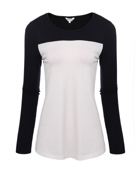 

White&Black Round Neck Long Sleeve Contrast Color Patchwork Tops, Multicolor