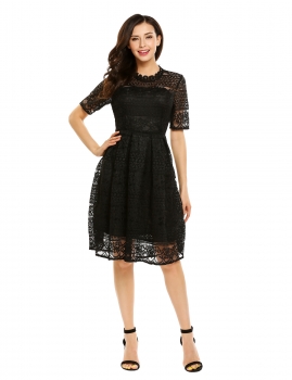 

Black Short Sleeve Full Lace Knee Length Swing Dress, Multicolor